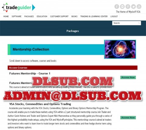 Trading course dashboard with Tradeguider Wyckoff VSA Mentorship Collection modules displayed