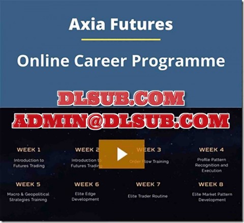 Course platform and website screenshot showing Axia Futures Career Programme online trading training program